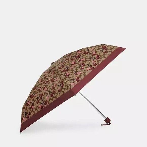 NWT Coach UV Protection Mini Umbrella in Signature Cherry Print Gold/Khaki cz929 - Picture 1 of 5